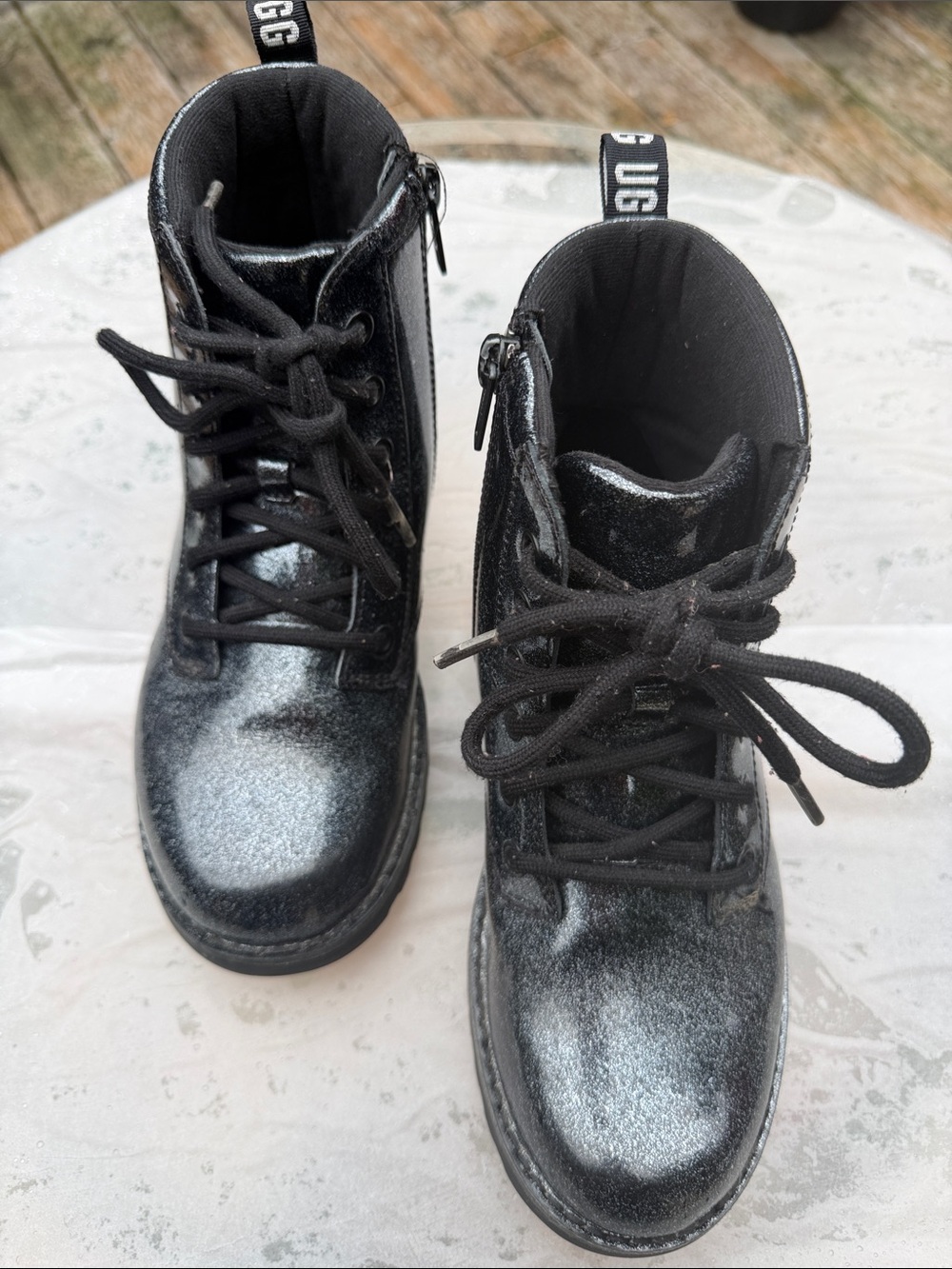 UGG Kids Black Glitter Lace-Up Combat Boots